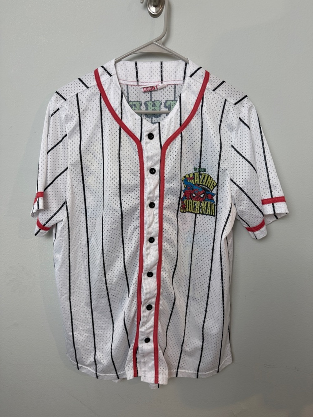 Marvel Unisex Spider-Man Pinstripe Baseball Mesh Jersey ~ XL
